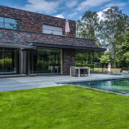 Achetrgevel met zwemvijver