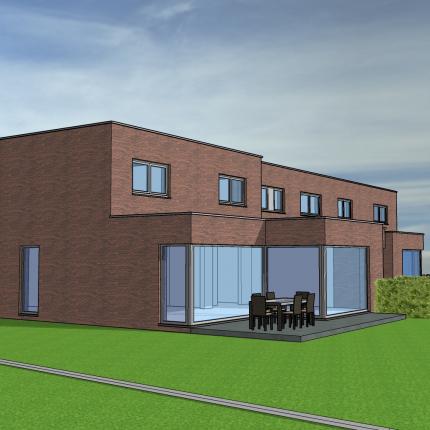 Koppelwoningen in rode gevelsteen en zwart aluminium schrijnwerk,