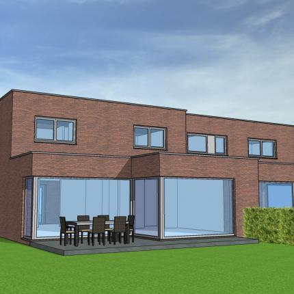 Koppelwoningen in rode gevelsteen en zwart aluminium schrijnwerk,