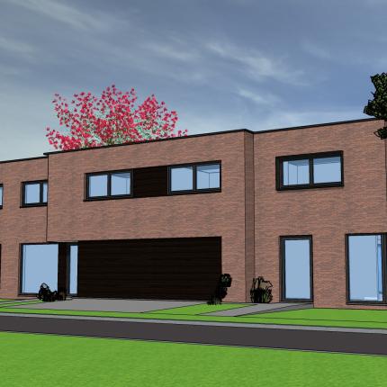 Koppelwoningen in rode gevelsteen en zwart aluminium schrijnwerk,