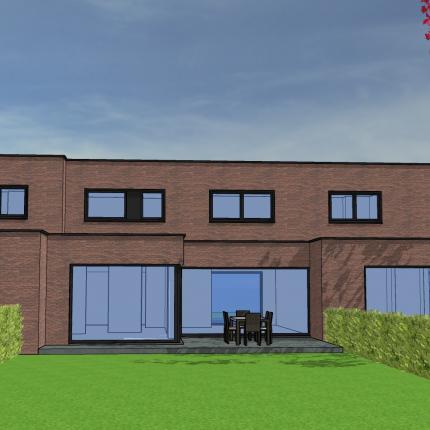 Koppelwoningen in rode gevelsteen en zwart aluminium schrijnwerk,