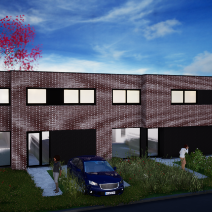 Koppelwoningen in rode gevelsteen en zwart aluminium schrijnwerk,