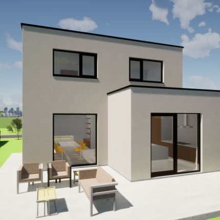 Moderne, strakke en enorm praktische nieuwbouwwoning gelegen in een nieuwe, kleine verkaveling in Asper. Deze open bebouwing word volledig uitgevoerd in crepi in combinatie met zwart aluminium schrijnwerk.  Ontwerp toont een woning die op dit perceel kan gebouwd worden, maar de te bouwen woning is nog vrij van architecturale keuze.  Deze nieuwe verkaveling is landelijk gelegen in Landdijk Asper (Gavere).