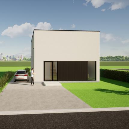 Moderne, strakke en enorm praktische nieuwbouwwoning gelegen in een nieuwe, kleine verkaveling in Asper. Deze open bebouwing word volledig uitgevoerd in crepi in combinatie met zwart aluminium schrijnwerk.  Ontwerp toont een woning die op dit perceel kan gebouwd worden, maar de te bouwen woning is nog vrij van architecturale keuze.  Deze nieuwe verkaveling is landelijk gelegen in Landdijk Asper (Gavere).