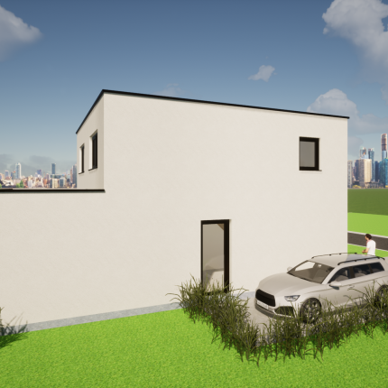Moderne, strakke en enorm praktische nieuwbouwwoning gelegen in een nieuwe, kleine verkaveling in Asper. Deze open bebouwing word volledig uitgevoerd in crepi in combinatie met zwart aluminium schrijnwerk.  Ontwerp toont een woning die op dit perceel kan gebouwd worden, maar de te bouwen woning is nog vrij van architecturale keuze.  Deze nieuwe verkaveling is landelijk gelegen in Landdijk Asper (Gavere).